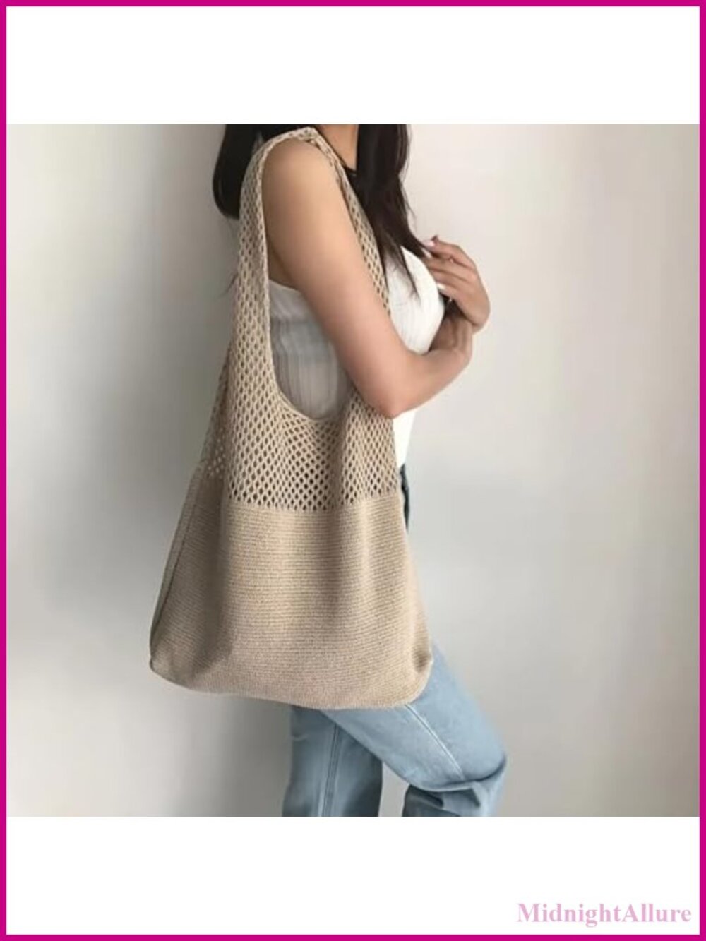 Crochet Beach Tote Bag Women Hollow Woven Cotton Mesh Handbag